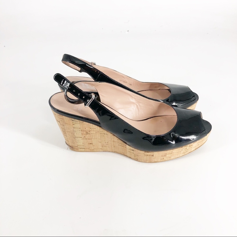 Stuart Weitzman Patent Leather Open Toe Slingback Cork Wedges Sz 41.5/11… - Picture 5 of 8